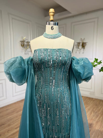 Luxury Dubai Arabic Blue Mermaid Balloon Sleeves Beaded Evening Dresses LA71823 - SERENE  HILL
