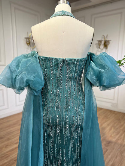 Luxury Dubai Arabic Blue Mermaid Balloon Sleeves Beaded Evening Dresses LA71823 - SERENE  HILL