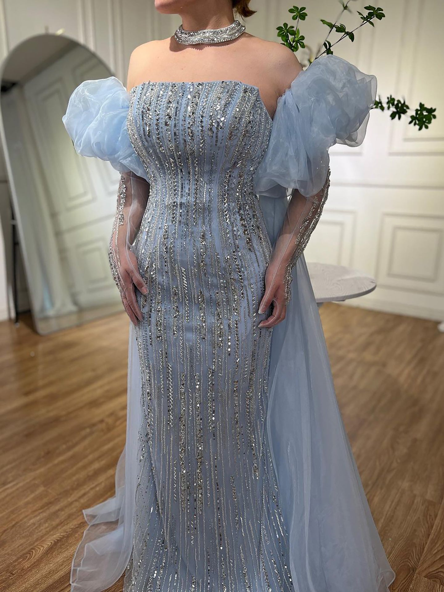 Luxury Dubai Arabic Blue Mermaid Balloon Sleeves Beaded Evening Dresses LA71823 - SERENE  HILL