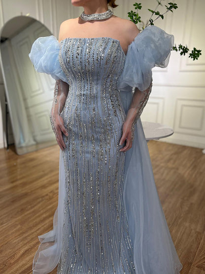 Luxury Dubai Arabic Blue Mermaid Balloon Sleeves Beaded Evening Dresses LA71823 - SERENE  HILL