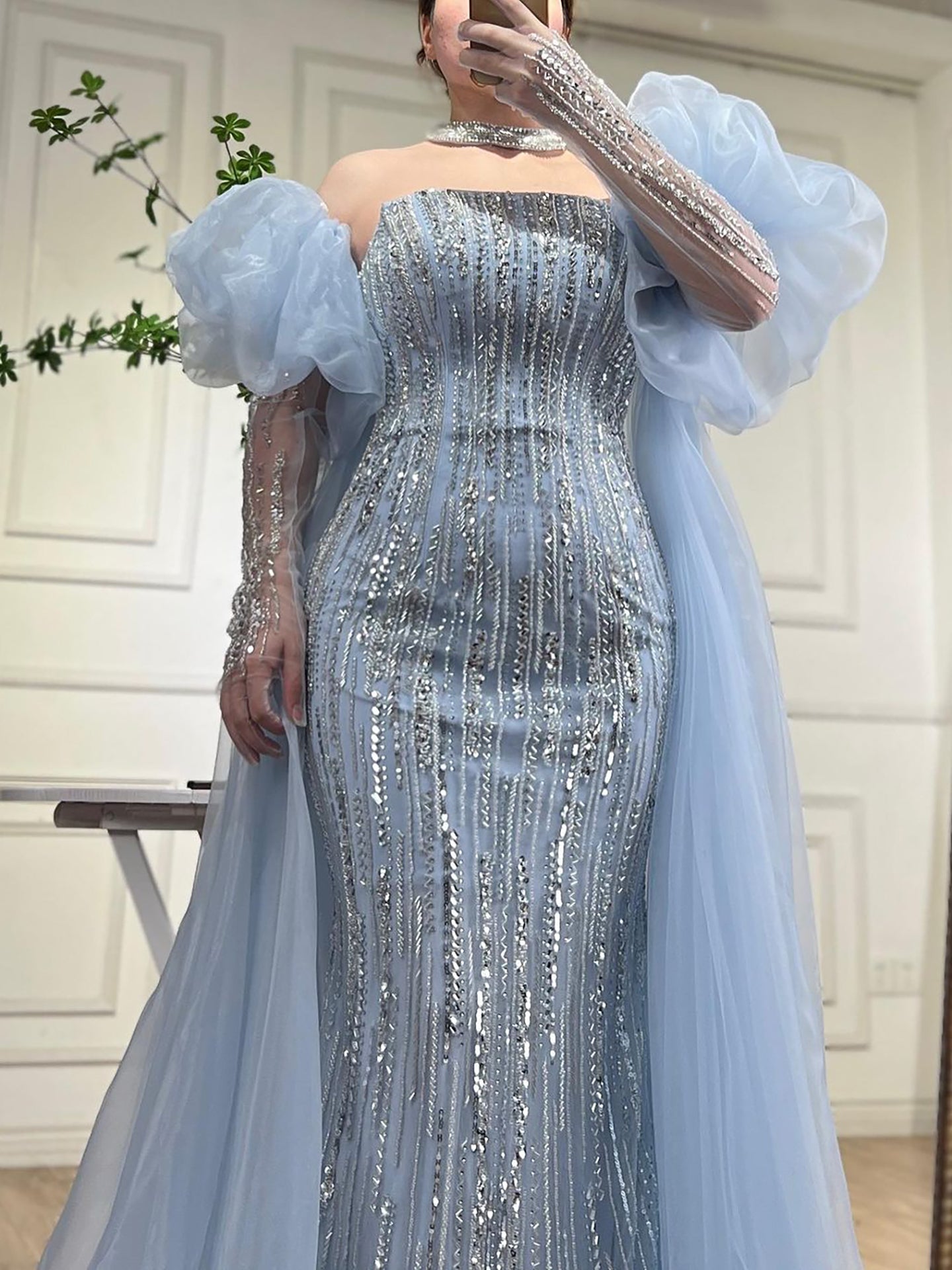 Luxury Dubai Arabic Blue Mermaid Balloon Sleeves Beaded Evening Dresses LA71823 - SERENE  HILL