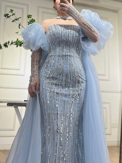 Luxury Dubai Arabic Blue Mermaid Balloon Sleeves Beaded Evening Dresses LA71823 - SERENE  HILL