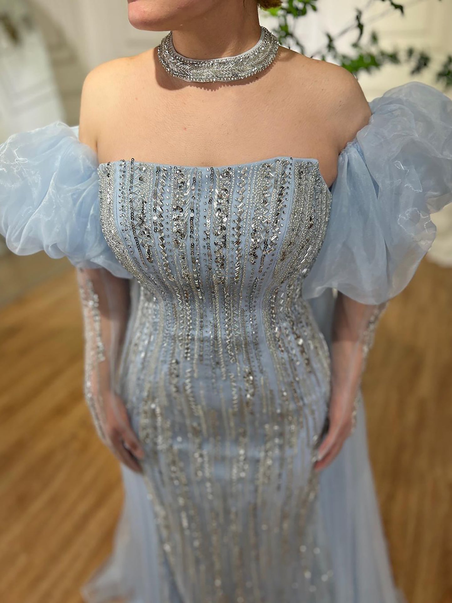 Luxury Dubai Arabic Blue Mermaid Balloon Sleeves Beaded Evening Dresses LA71823 - SERENE  HILL