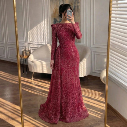 Serene Hill Blue Elegant Over Skirt Mermaid Sexy Lace Beaded Luxury Evening Dresses Gowns For Women Muslim Party 2025 LA71833