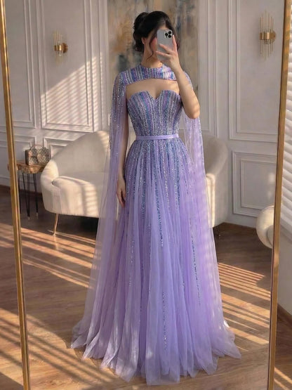 Luxury Dubai Fuchsia Evening Dress with Cape Sleeves LA71912 - SERENE  HILL