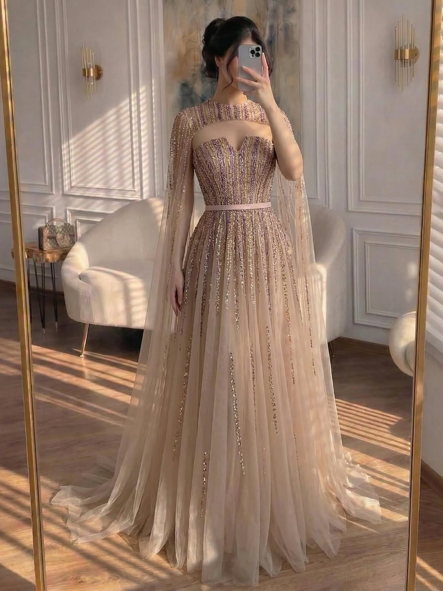 Luxury Dubai Fuchsia Evening Dress with Cape Sleeves LA71912 - SERENE  HILL