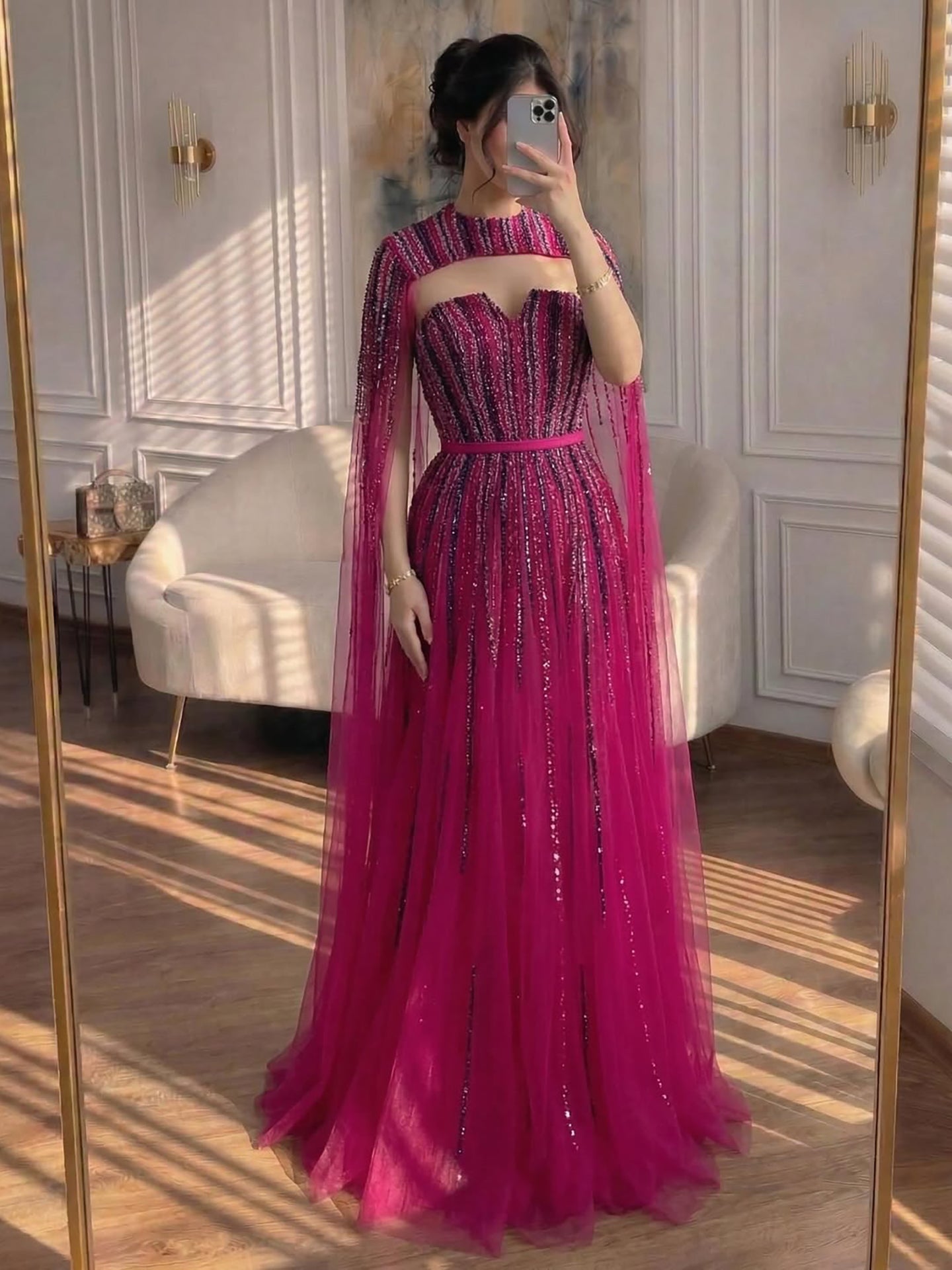 Luxury Dubai Fuchsia Evening Dress with Cape Sleeves LA71912 - SERENE  HILL