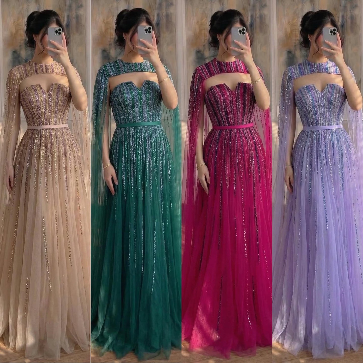 Luxury Dubai Fuchsia Evening Dress with Cape Sleeves LA71912 - SERENE  HILL