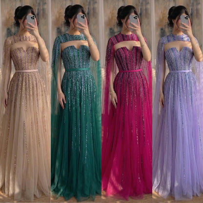 Luxury Dubai Fuchsia Evening Dress with Cape Sleeves LA71912 - SERENE  HILL
