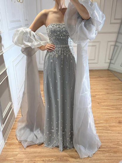 Luxury Arabic Black Crystal Evening Dress With Cape LA72002