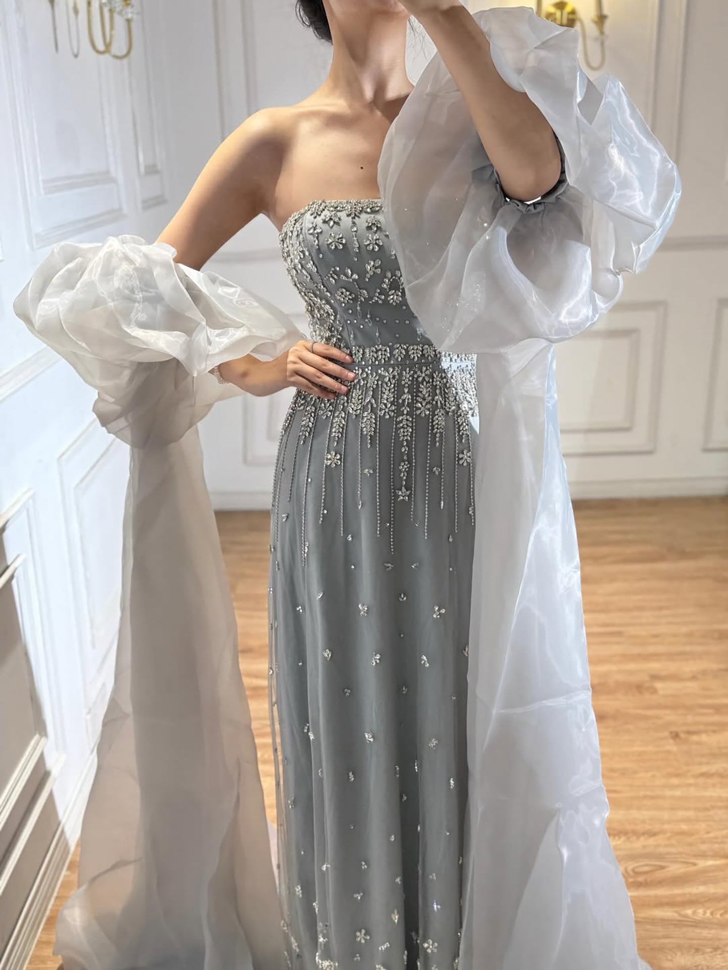 Luxury Arabic Black Crystal Evening Dress With Cape LA72002
