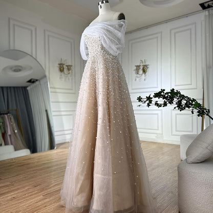 Luxury Dubai Arabic Blue Off Shoulder Beaded A Line Evening Dress LA72009A - SERENE  HILL