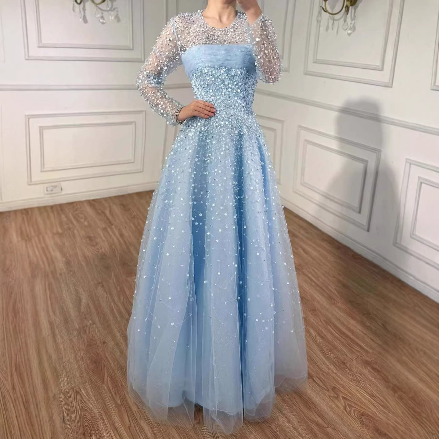 arabic long sleeve dress Luxury Blue Beaded A-Line Evening Dress with Long Sleeves LA72009B wine red / 6