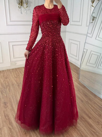 Luxury Arabic Blue O-Neck Beaded A-Line Evening Dress with Long Sleeves LA72009B
