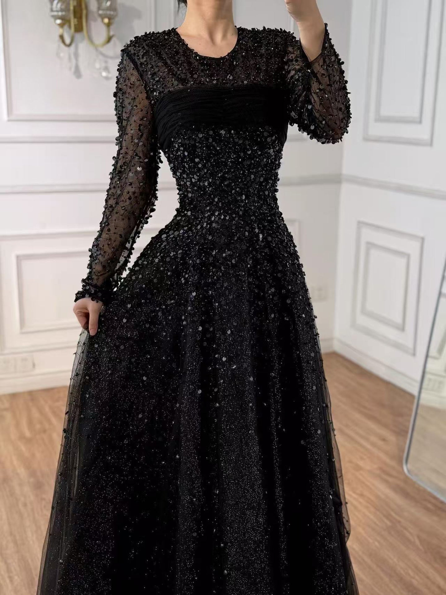 long sleeve arabic evening dresses Luxury Blue Beaded A-Line Evening Dress with Long Sleeves LA72009B wine red / 6