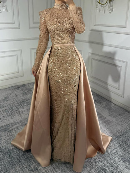 Luxury Dubai White Muslim Mermaid Evening Dress Overskirt LA72032L