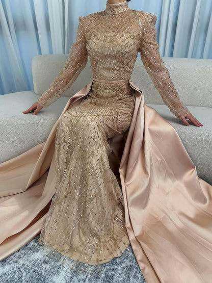 Luxury Dubai White Muslim Mermaid Evening Dress Overskirt LA72032L
