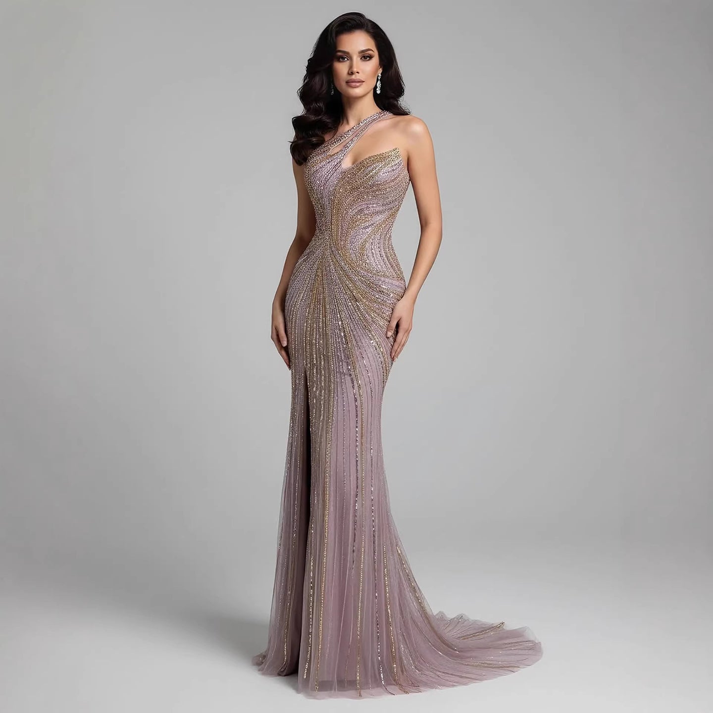 Serene Hill Dubai Luxury Pink Gold Beaded Sexy Evening Dress With Split LA72104A - SERENE HILL
