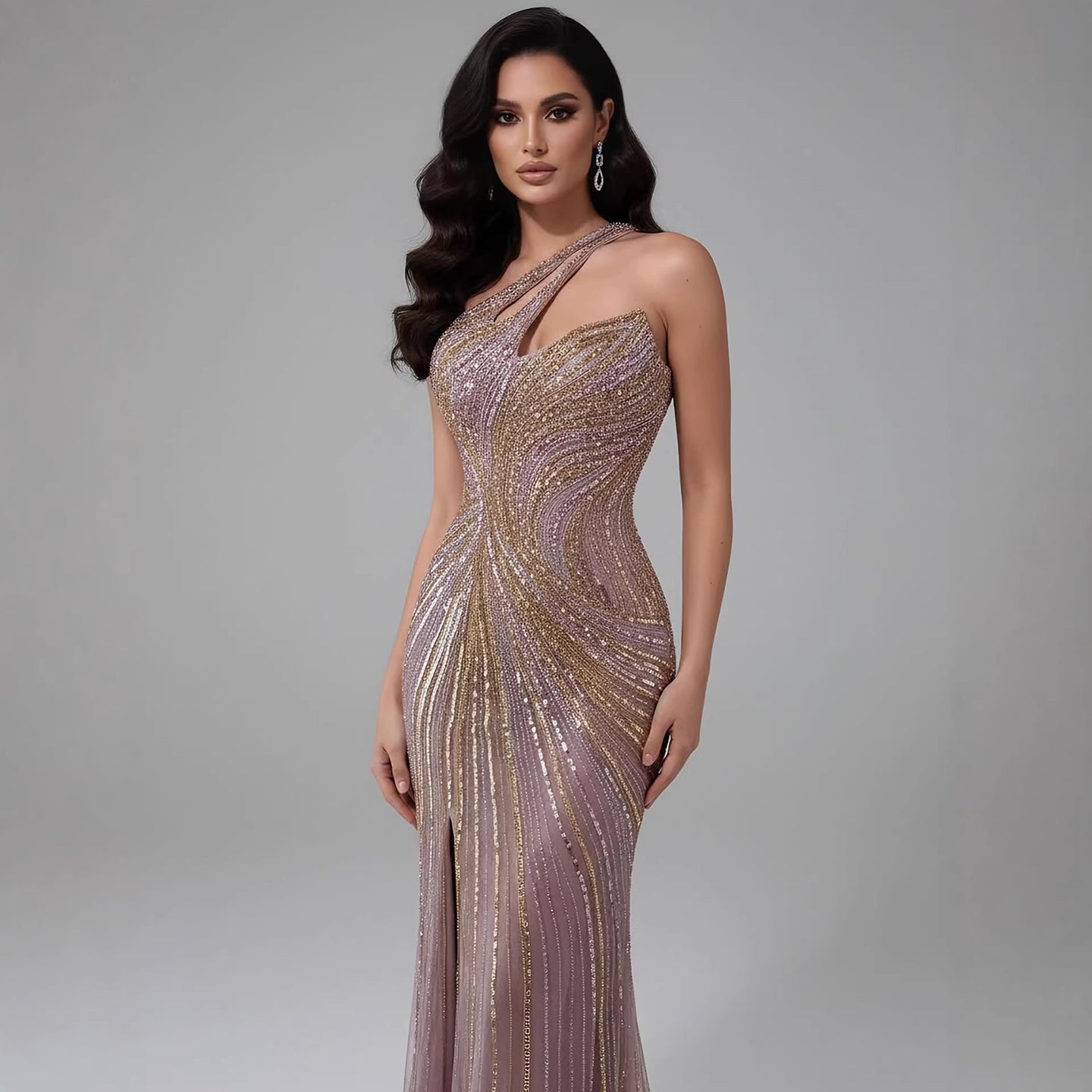 Serene Hill Dubai Luxury Pink Gold Beaded Sexy Evening Dress With Split LA72104A - SERENE HILL