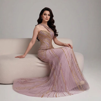 Serene Hill Dubai Luxury Pink Gold Beaded Sexy Evening Dress With Split LA72104A - SERENE HILL