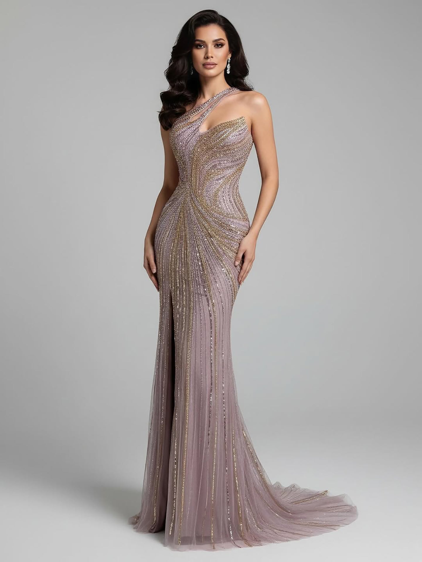 Serene Hill Dubai Luxury Pink Gold Beaded Sexy Evening Dress With Split LA72104A - SERENE HILL