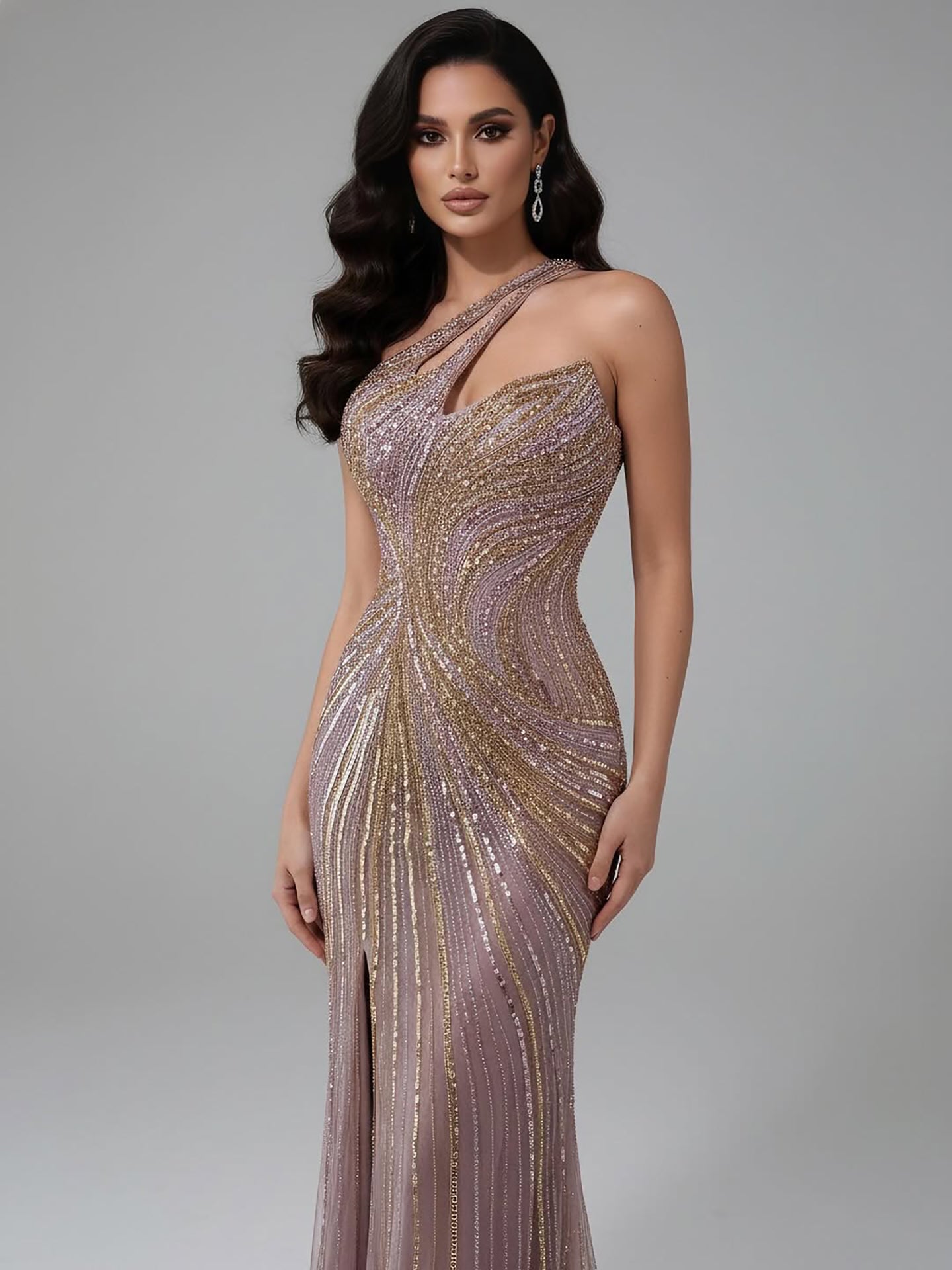 Serene Hill Dubai Luxury Pink Gold Beaded Sexy Evening Dress With Split LA72104A - SERENE HILL