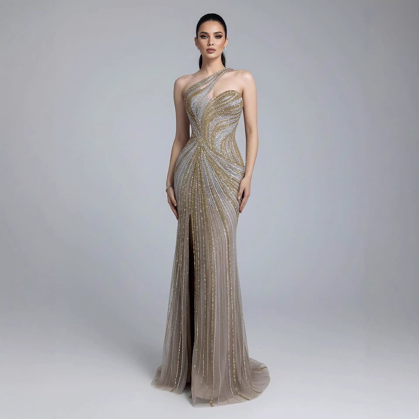Serene Hill Dubai Luxury Pink Gold Beaded Sexy Evening Dress With Split LA72104A - SERENE HILL