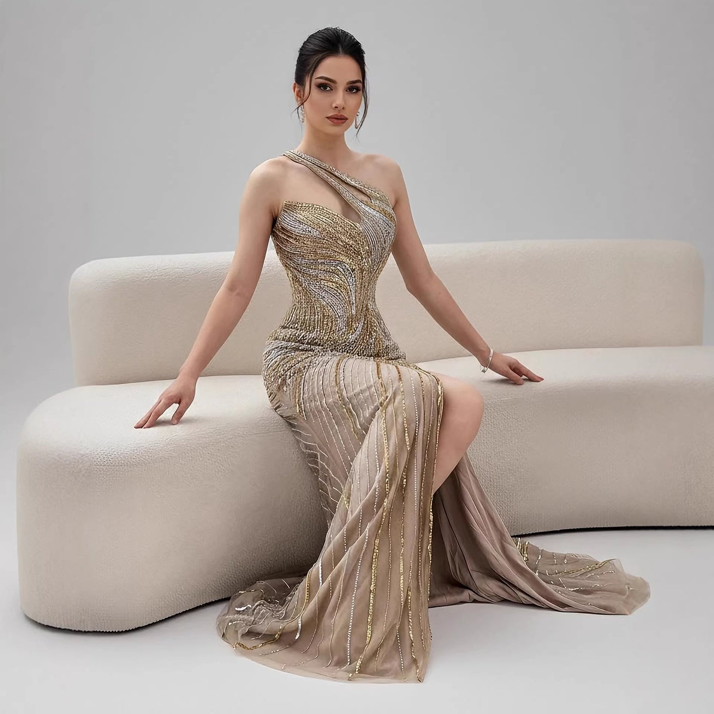 Serene Hill Dubai Luxury Pink Gold Beaded Sexy Evening Dress With Split LA72104A - SERENE HILL
