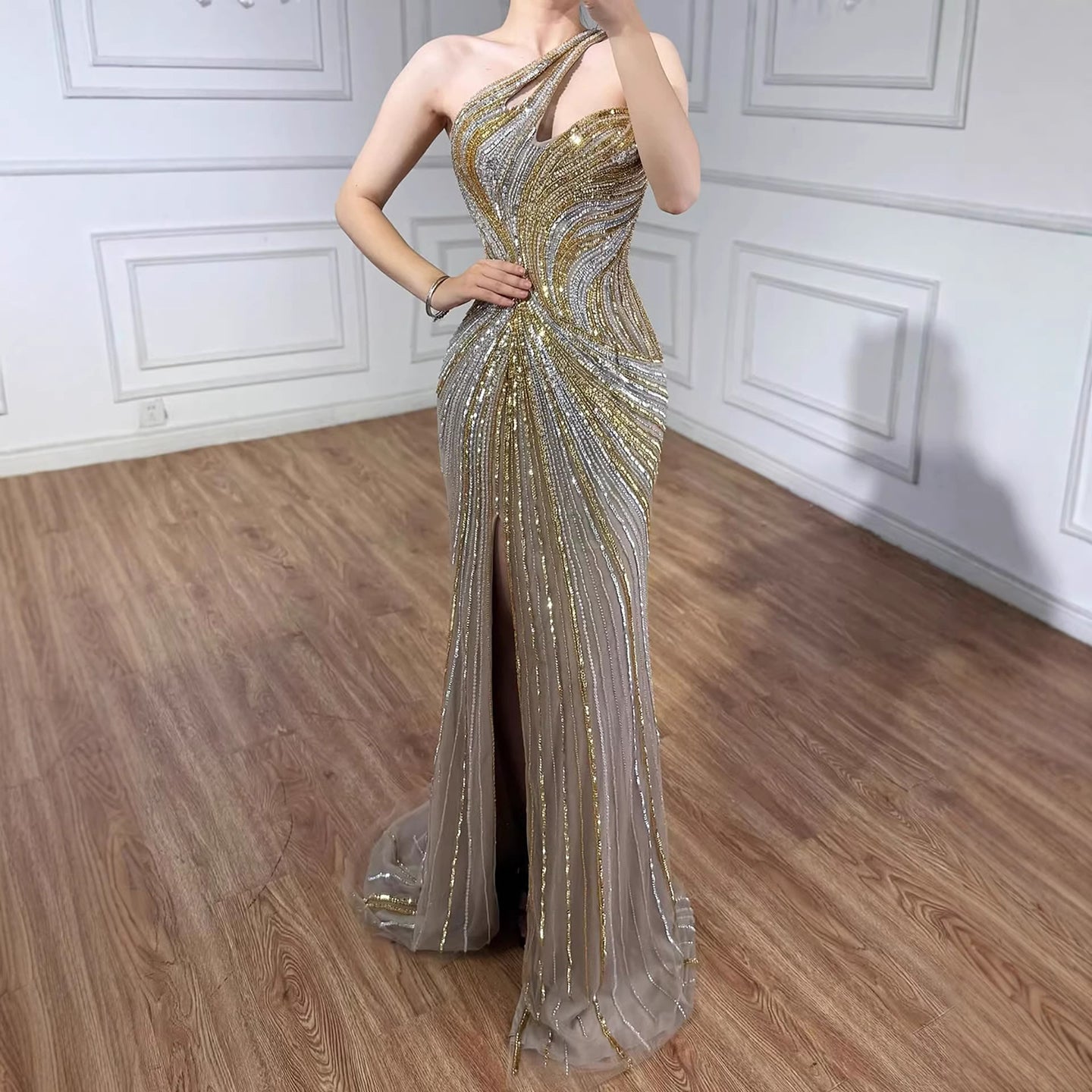 Serene Hill Dubai Luxury Pink Gold Beaded Sexy Evening Dress With Split LA72104A - SERENE HILL