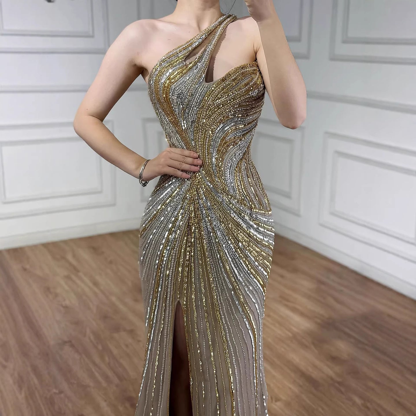 Serene Hill Dubai Luxury Pink Gold Beaded Sexy Evening Dress With Split LA72104A - SERENE HILL