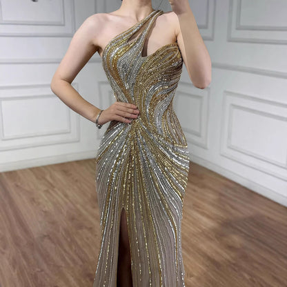 Serene Hill Dubai Luxury Pink Gold Beaded Sexy Evening Dress With Split LA72104A - SERENE HILL