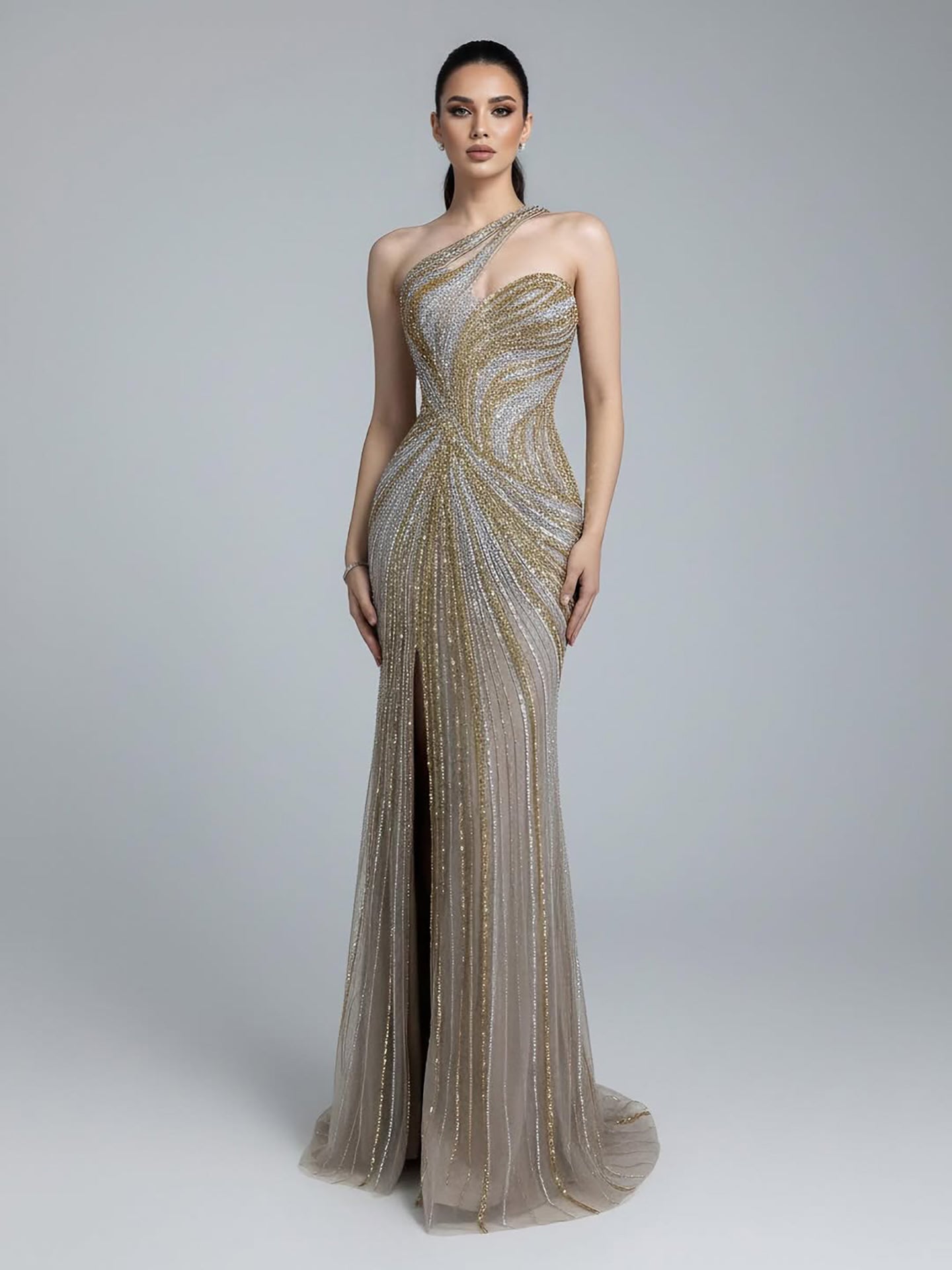 Serene Hill Dubai Luxury Pink Gold Beaded Sexy Evening Dress With Split LA72104A - SERENE HILL