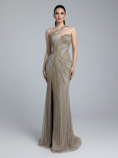 Serene Hill Dubai Luxury Pink Gold Beaded Sexy Evening Dress With Split LA72104A - SERENE HILL