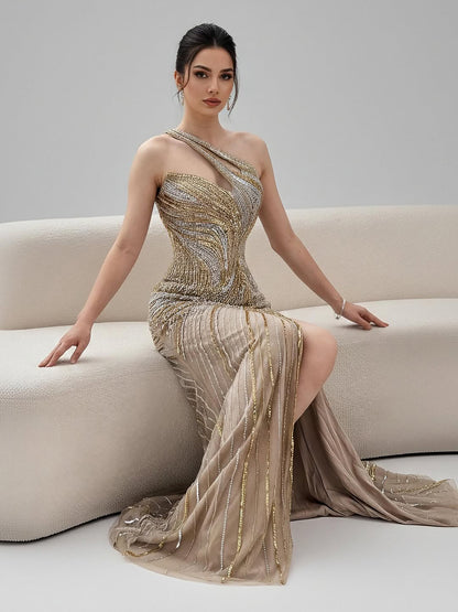 Serene Hill Dubai Luxury Pink Gold Beaded Sexy Evening Dress With Split LA72104A - SERENE HILL