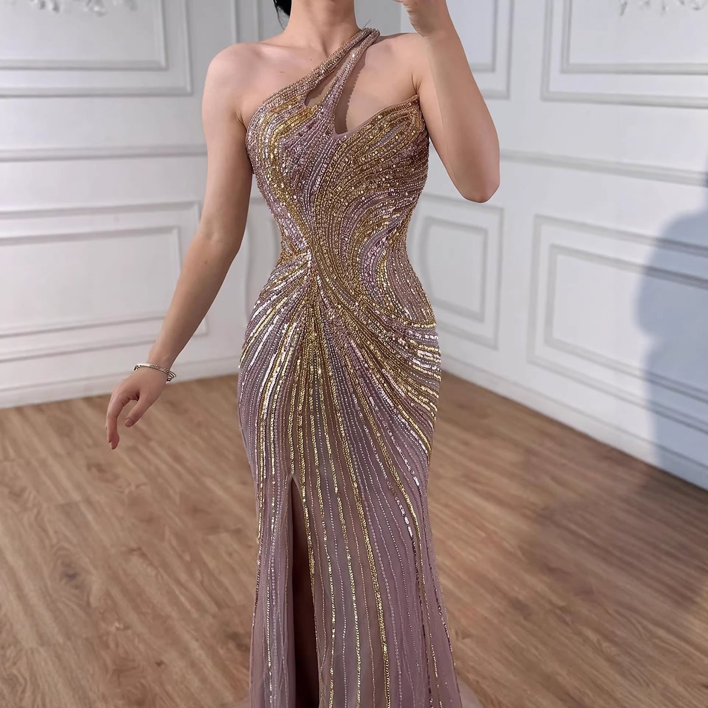 Serene Hill Dubai Luxury Pink Gold Beaded Sexy Evening Dress With Split LA72104A - SERENE HILL