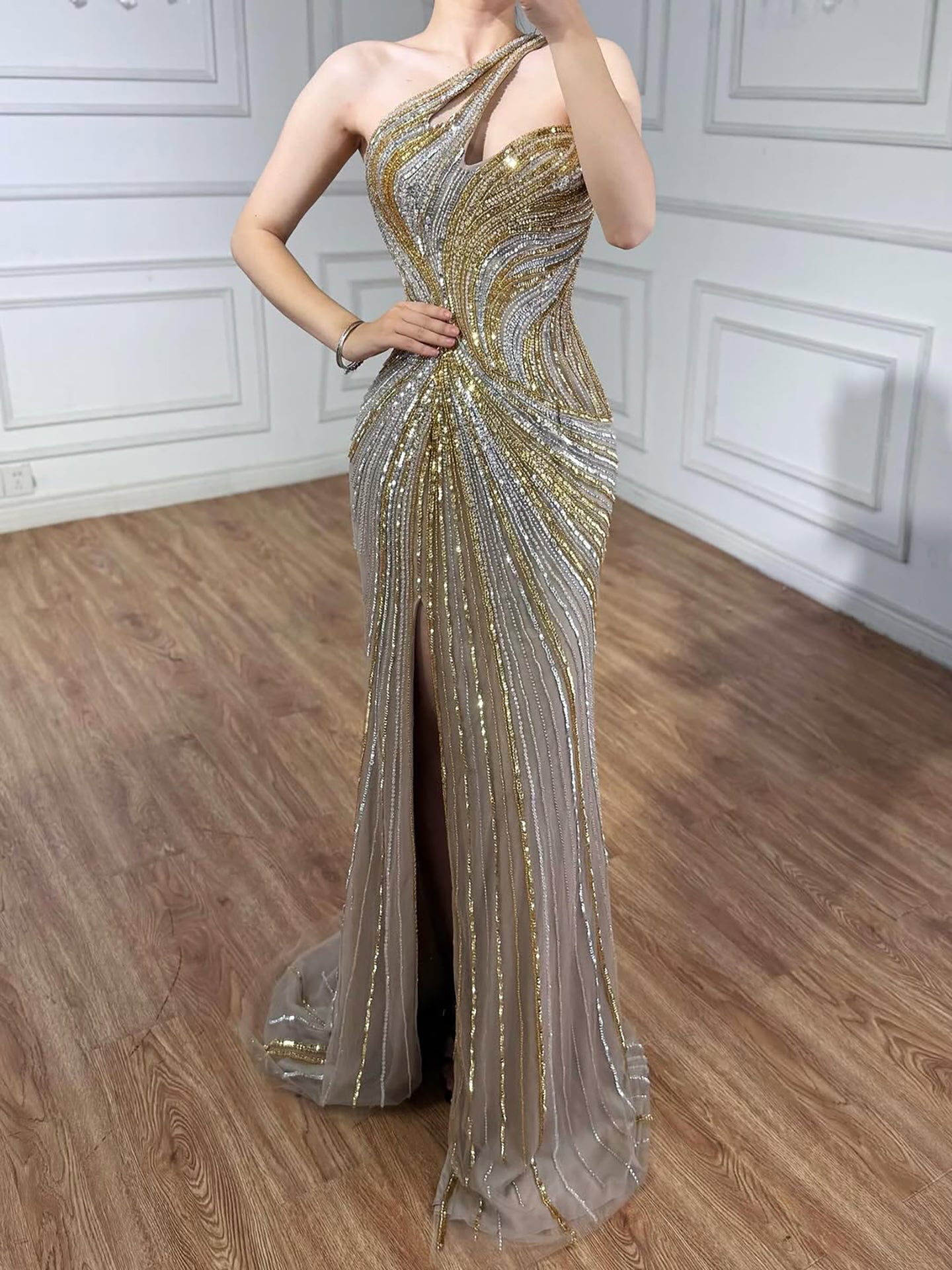 Serene Hill Dubai Luxury Pink Gold Beaded Sexy Evening Dress With Split LA72104A - SERENE HILL