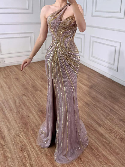 Serene Hill Dubai Luxury Pink Gold Beaded Sexy Evening Dress With Split LA72104A - SERENE HILL
