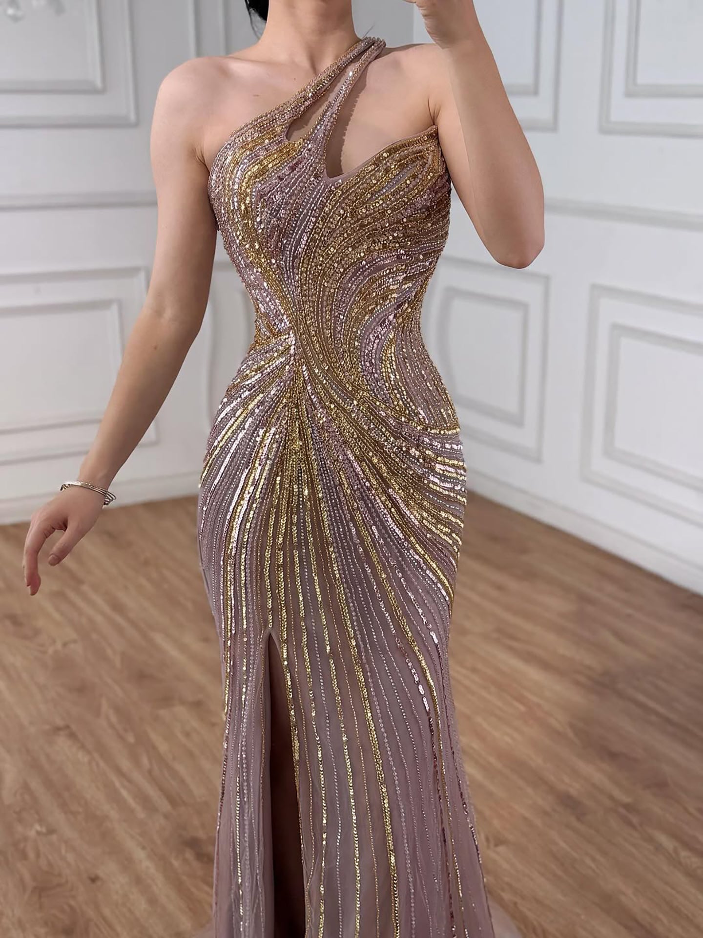 Serene Hill Dubai Luxury Pink Gold Beaded Sexy Evening Dress With Split LA72104A - SERENE HILL
