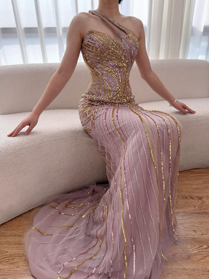 Serene Hill Dubai Luxury Pink Gold Beaded Sexy Evening Dress With Split LA72104A - SERENE HILL