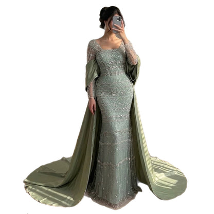 Luxury Sage Green Beaded Mermaid Evening Dress with Train LA72126C