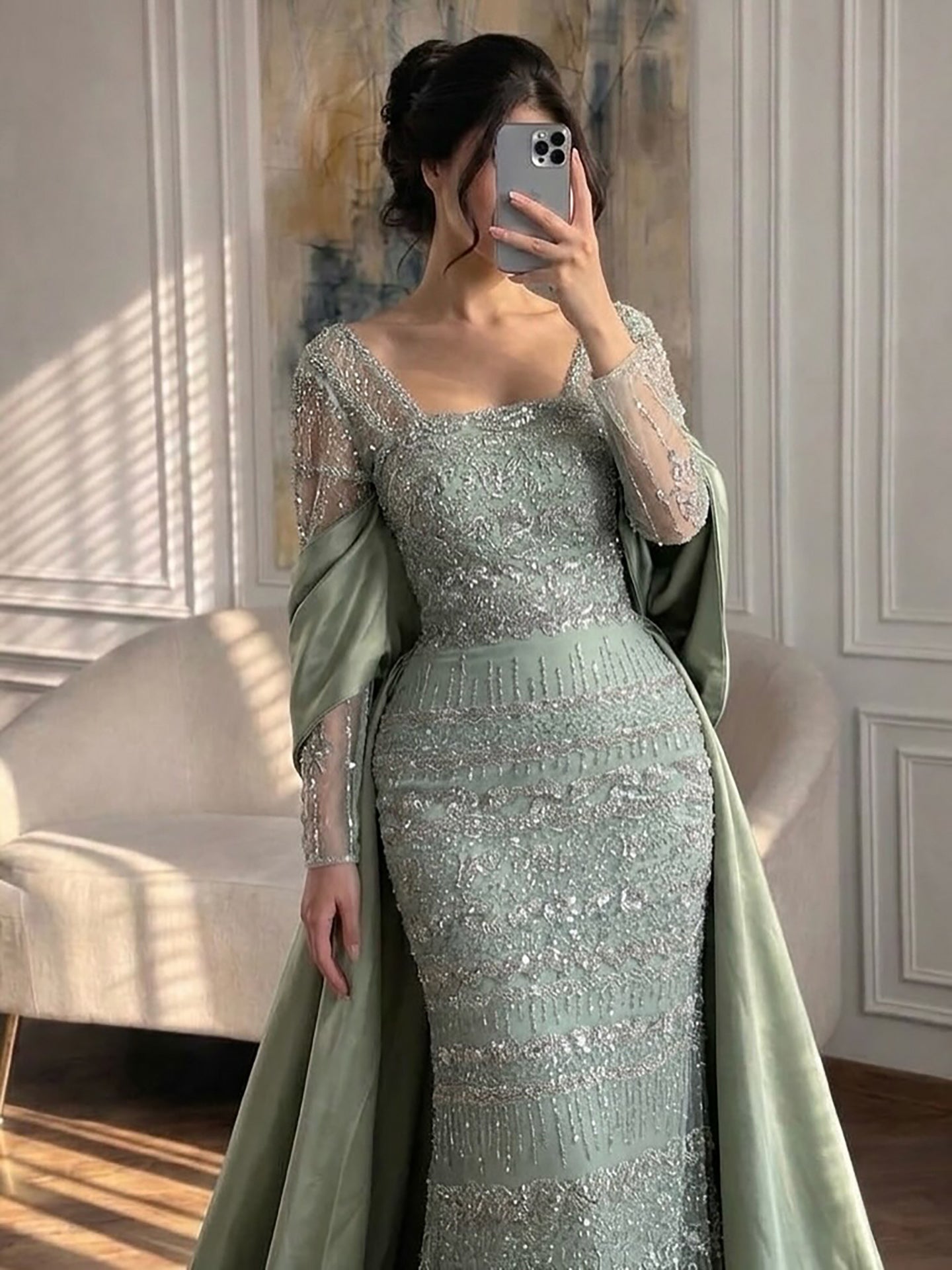 Luxury Sage Green Beaded Mermaid Evening Dress with Train LA72126C
