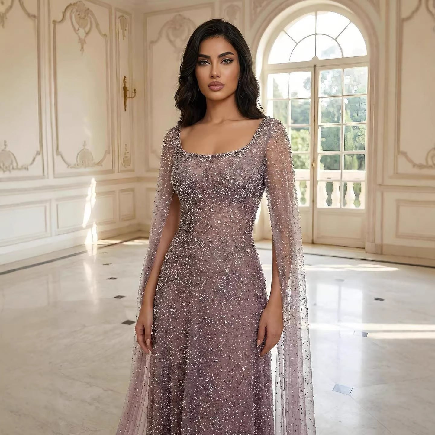 Luxury Rose Gold Beaded Evening Dress with Cape LA72147C Plus Size