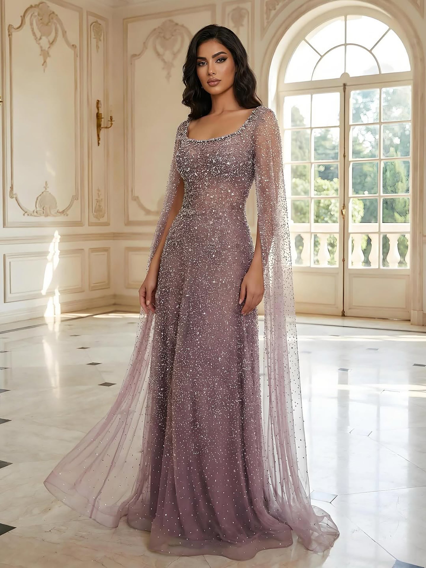 Luxury Rose Gold Beaded Evening Dress with Cape LA72147C Plus Size