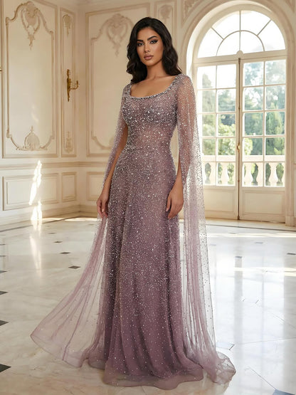 Luxury Rose Gold Beaded Evening Dress with Cape LA72147C Plus Size