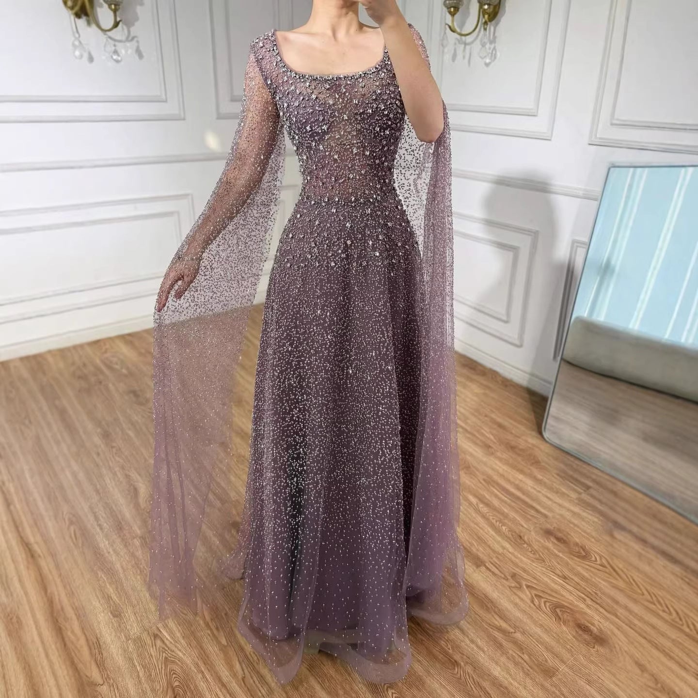 Luxury Rose Gold Beaded Evening Dress with Cape LA72147C Plus Size