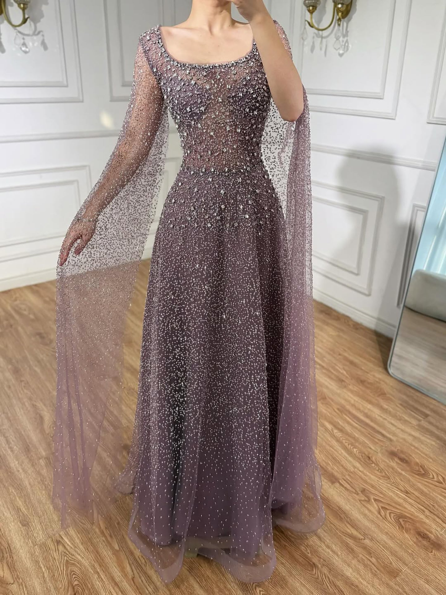 Luxury Rose Gold Beaded Evening Dress with Cape LA72147C Plus Size