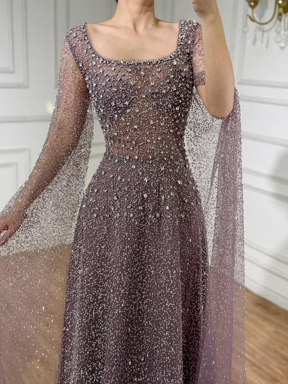 Luxury Rose Gold Beaded Evening Dress with Cape LA72147C Plus Size