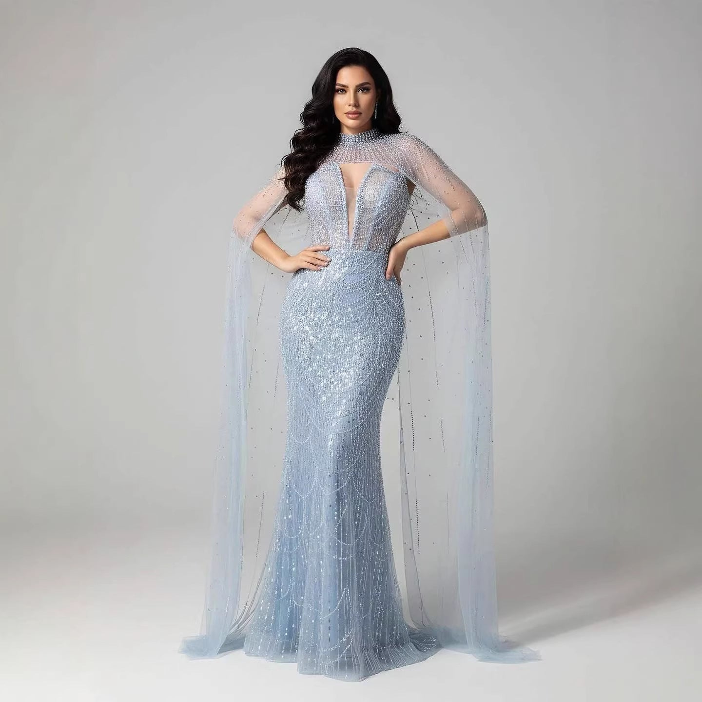 Luxury Evening Dress Nude Pearls Beaded Gown With Tulle Train LA72189A - SERENE  HILL