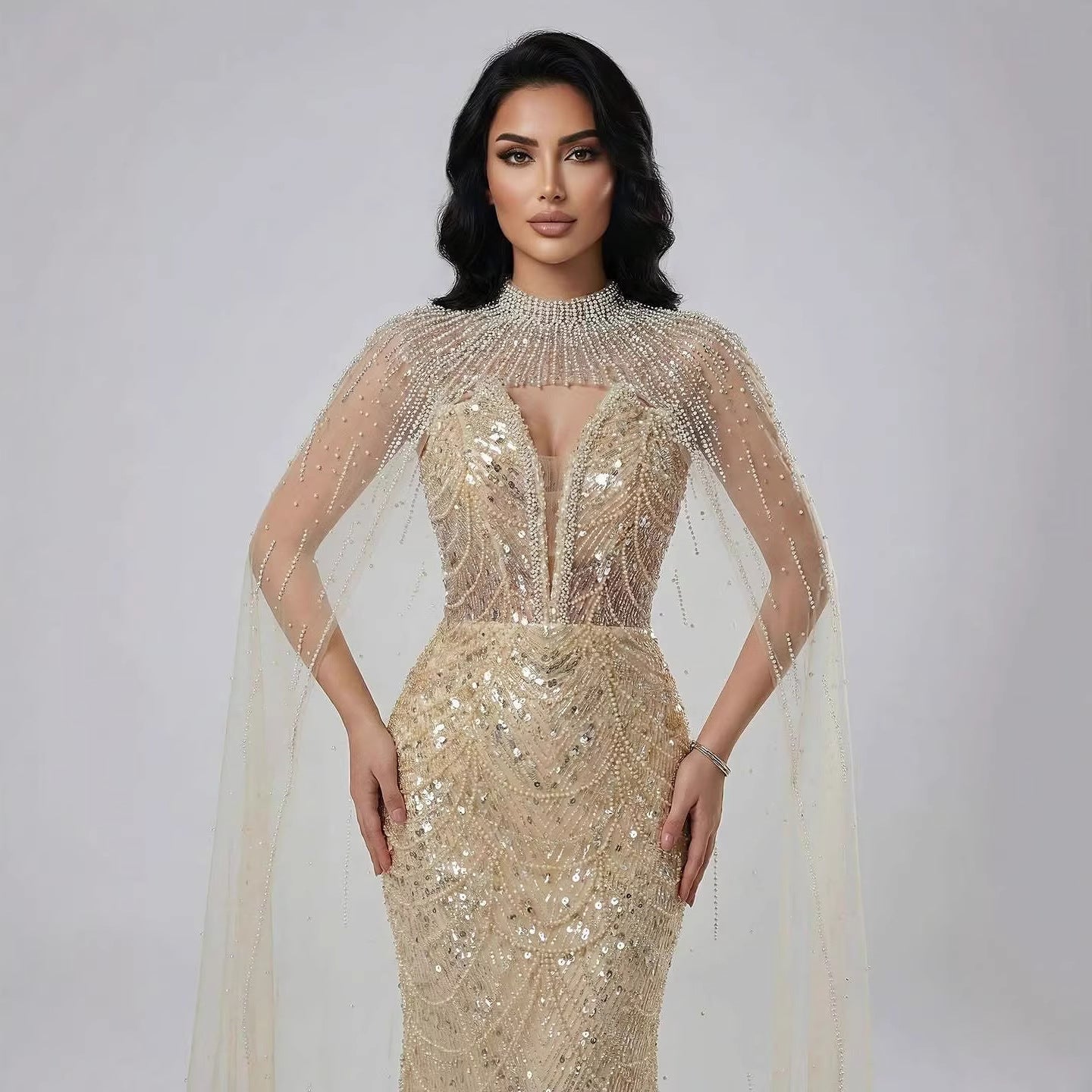 Luxury Evening Dress Nude Pearls Beaded Gown With Tulle Train LA72189A - SERENE  HILL