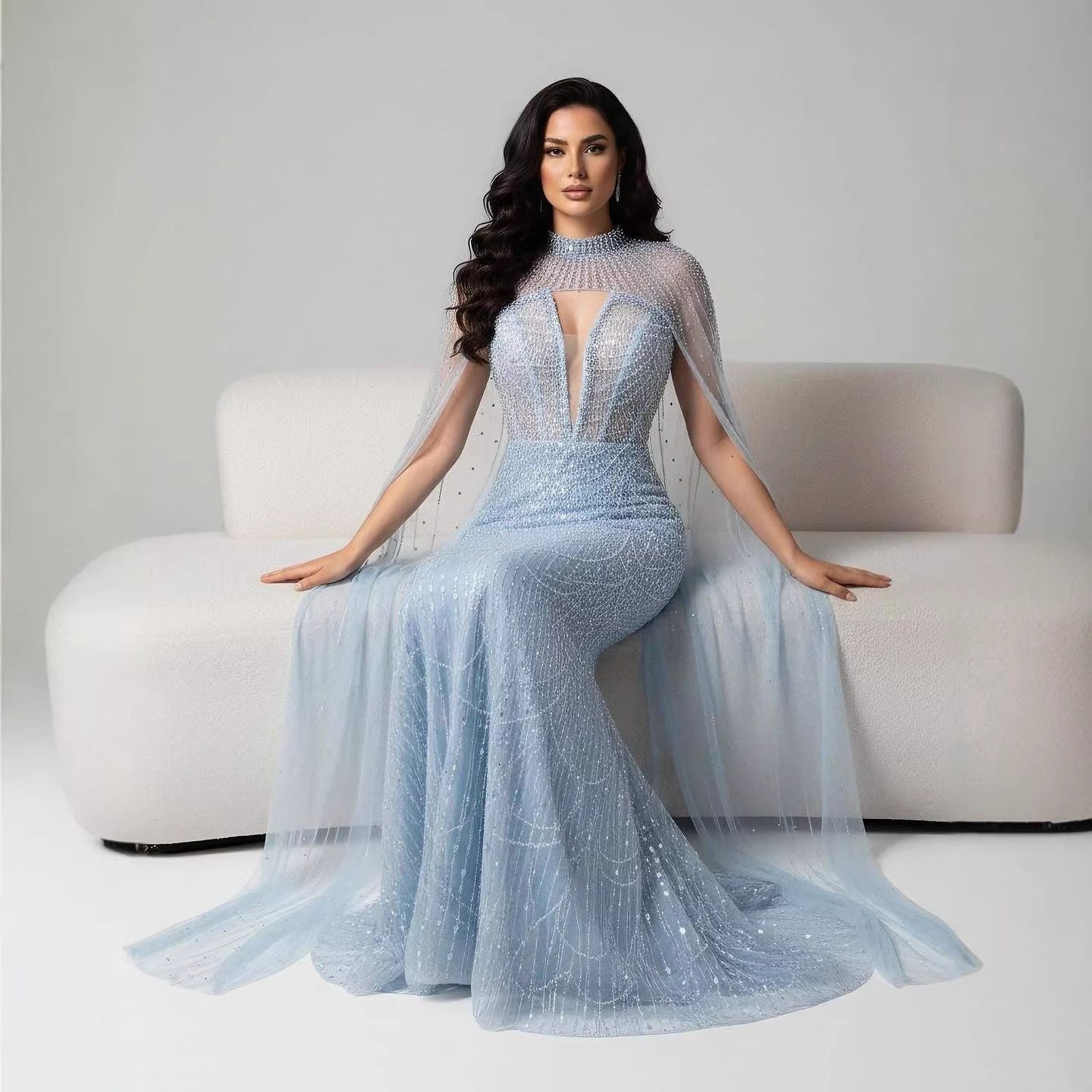 Luxury Evening Dress Nude Pearls Beaded Gown With Tulle Train LA72189A - SERENE  HILL
